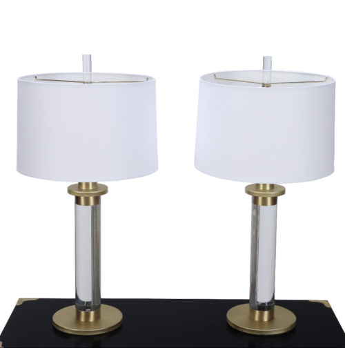 Pair of Lucite Column Table Lamps with Brass Fittings