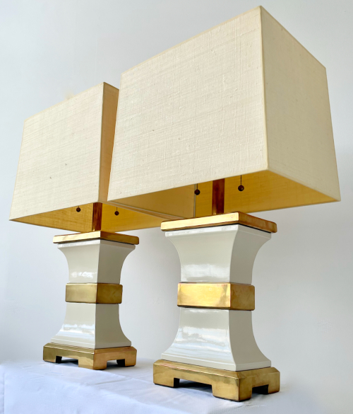 Pair of Asian-style porcelain and brass table lamps, France 1960s