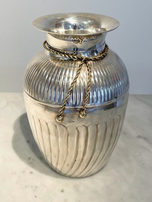 Modernist Silver Vase With Stylized Brass Tassels Attributed to Maria Pergay