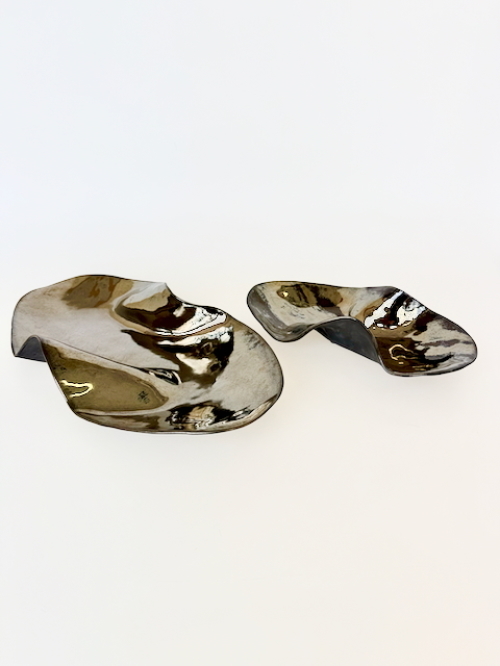 Pair of Ceramic Wave Platters in Platinum by Aram Chenensky